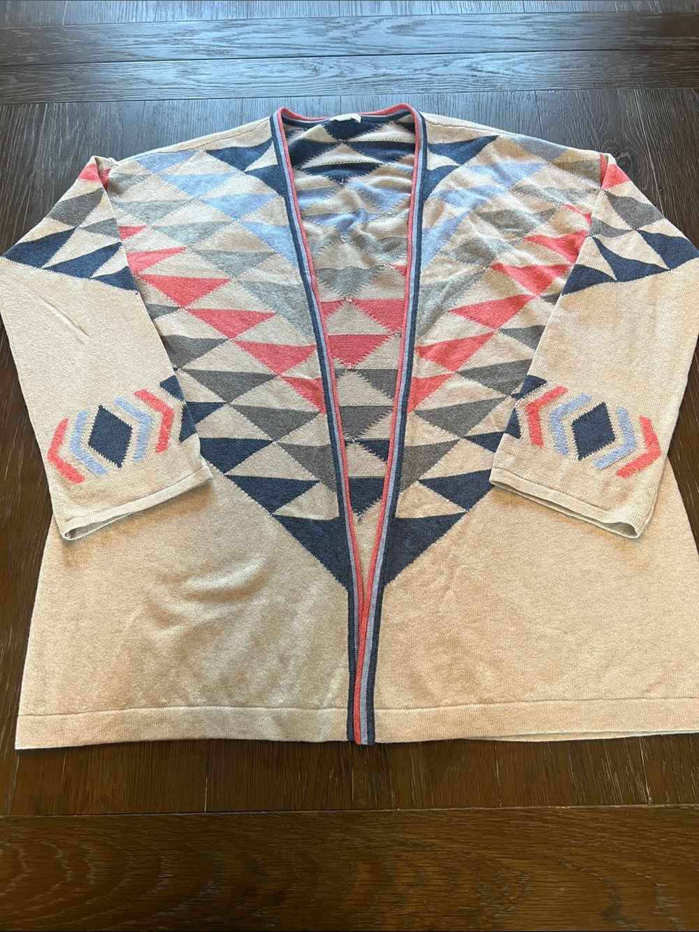 J. Jill Beige Cardigan with Navy & Coral Geometric Pattern